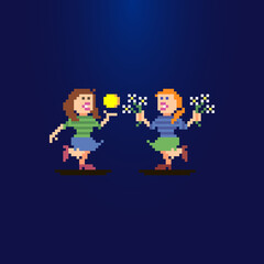 colorful simple flat pixel art illustration of woman buying flowers from a woman