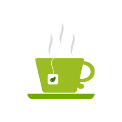 Green cup and saucer-flat icon.A mug with a tea bag and a green