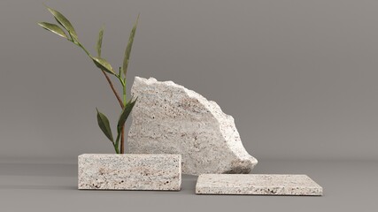 Premium podium on gray background with plant branches, leaves and natural stones. Mock up for the exhibitions, presentation of products, therapy, relaxation and health -3d render.