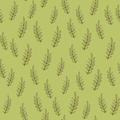 Botanic seamless random pattern with outline brown little branches ornament. Green olive pastel background.