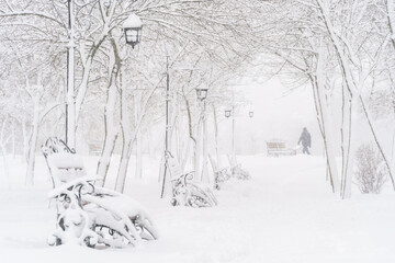 winter city park, benches covered in snow and snowfall
