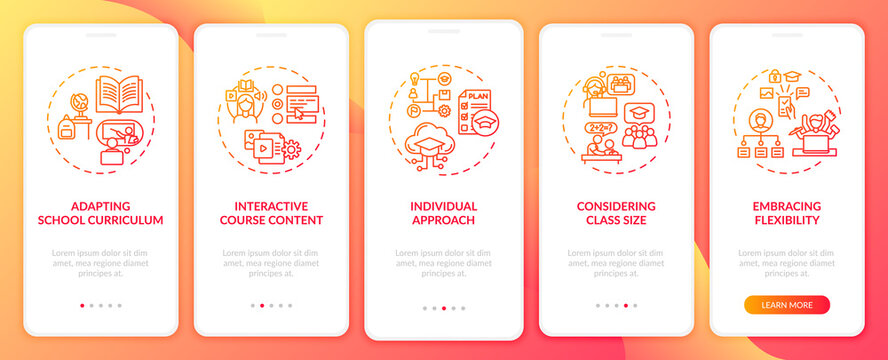 Online teaching tips onboarding mobile app page screen with concepts. Individual stident approach walkthrough 5 steps graphic instructions. UI vector template with RGB color illustrations