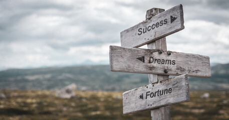 success dreams fortune text engraved on wooden signpost outdoors in nature. Panorama format.