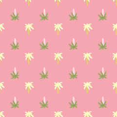 Cute seamless nature pattern with yellow and green colored palm ornament. Pink pastel background.