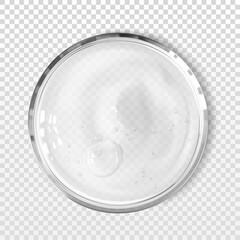 Aloe vera gel in petri dish isolated realistic vector illustration. Concept cosmetic skincare laboratory tests and research. Clear transparent  cosmetic texture - obrazy, fototapety, plakaty