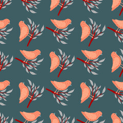 Zoo seamless doodle pattern with cute simple pink birds on branches ornament. Turquoise background.