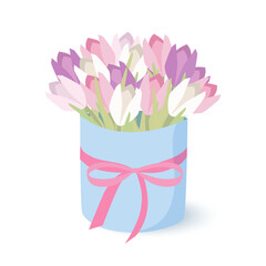 Box with a bouquet of pink, white, purple tulips tied with ribbon. An isolated bouquet of tulips on white background. Tulips in a box. Flowers in a box. Spring and flowers. March 8. Flat illustration.