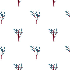 Isolated seamless botanic pattern with green and brown colored simple branches silhouettes. White background.