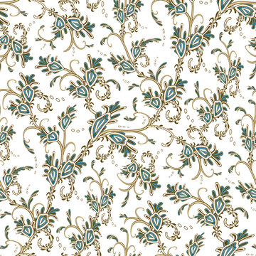 Embroidery seamless vector ornament with paisley flowers and leaf. Persian traditional apparel pattern. Floral background for clothes design, fabrics, textile, household items or handmade crafts