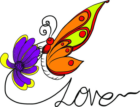 Hand drawn and doodle art, butterfly and flower vector