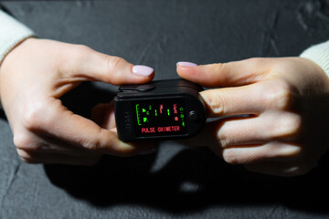 Measuring amount of oxygen in blood with pulse oximeter. Saturation and pulse checking at home, fast diagnostics of Covid-19. Close-up monitor view.