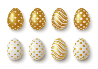 Realistic Gold and white easter eggs with geometric ornaments. Vector