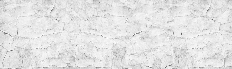 White cracked old concrete wall wide texture. Weathered paint surface panoramic vintage background
