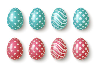Realistic pink and blue easter eggs with geometric ornaments. Vector