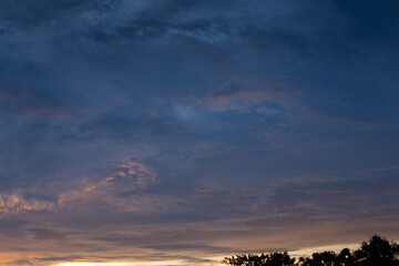 sunset with blue fluffy cloudy sky, beautiful dramatic cloud scape, sunset background