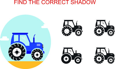 Find the correct shadow. Cartoon style blue tractor. Educational game for children.