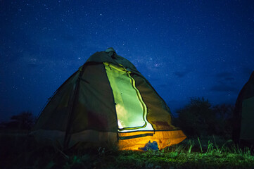 tent camping in the starry night