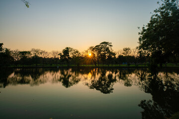 Green park sunset with pond park sky cloud nature landscape