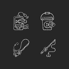 Tools for fishing chalk white icons set on black background. Special fishers equipment. Hobby and leasure activity. Casting spinning. Rod with hooks. Isolated vector chalkboard illustrations