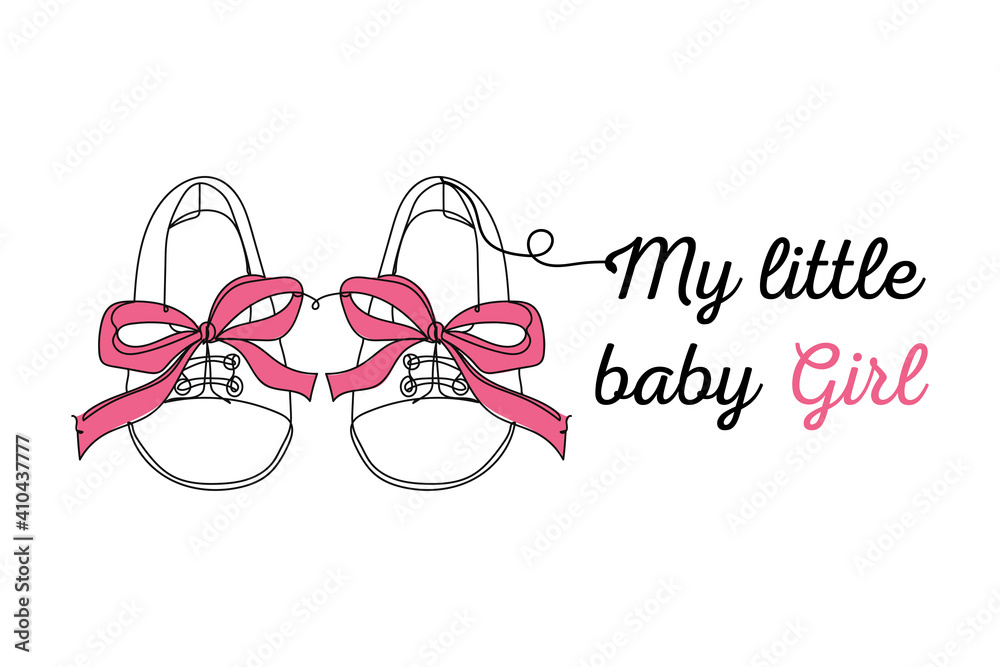 Wall mural continuous one line drawing silhouette of a baby shoes. lettering my little baby girl. vector illust