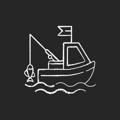Boat fishing chalk white icon on black background. Commercial fishing. Fresh sea food. License for fishing from boat. Fishing trawler on water. Isolated vector chalkboard illustration