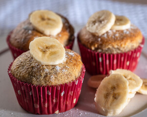 Three homemade banana muffins, easy cooking concept