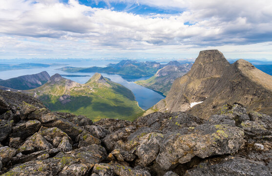 landscape with the national mountain of Norway Stetind in the foreground