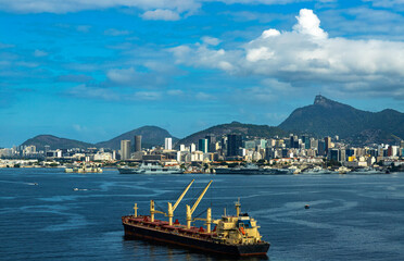 Cargo ship in a large city. Cargo ship in Guanabara Bay, Rio de Janeiro. Brazil. 