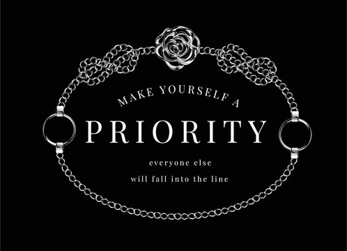 priority slogan in circle silver chain lace frame on black background