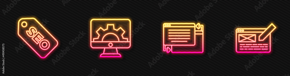 Wall mural set line ui or ux design, seo optimization, web development and . glowing neon icon. vector.