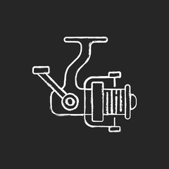 Fishing reel chalk white icon on black background. Basic fishing equipment item. Spining part. Fishing line wound on a fishing reel. Fish sport. Isolated vector chalkboard illustration