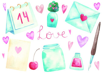 set for valentine's day, envelope, letter, feather and ink, hearts, cute illustration