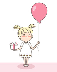 Vector of cute girl with gift box and balloon. Valentine's concept.