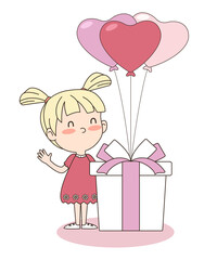 Vector of cute girl with gift box and heart balloons. Valentine's concept.