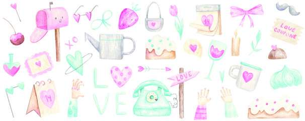 big set for valentine's day in pink and mint colors, cute design, watercolor illustration on white background