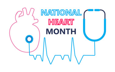 National Heart Month concept vector. Heart diseases with medical bag and EKG. Medical template of hypotension and hypertension disease.