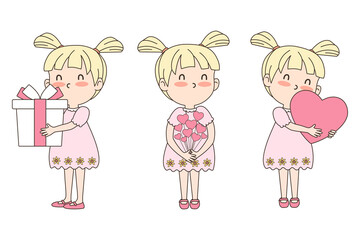 Vector celebratioin set of cute girl with gift, heart and flowers. Valentine's concept.