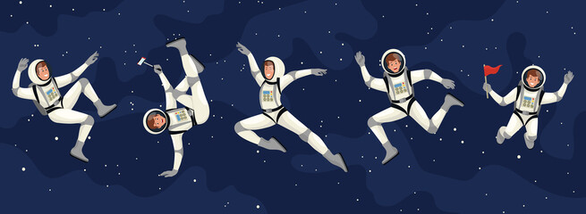 Vector set of cartoon flat spacemans, cosmonauts in spacesuit.Vector cosmonaut characters. Astronaut in space, science astronomy, spacesuit in cosmos illustration © SERHII