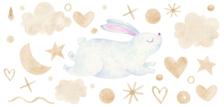 Easter illustration of a cute bunny jumping among the hearts, clouds, dots of golden color