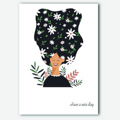 Postcard.Bright colorful vector illustration. Girl in flowers for design.

