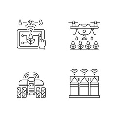 Precision agriculture linear icons set. Automation in horticulture. Smart farm. Crop storage. Customizable thin line contour symbols. Isolated vector outline illustrations. Editable stroke
