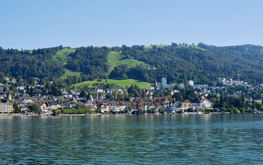 Fototapeta na wymiar Panorama of the Town Zug in Switzerland view from the lake Zug