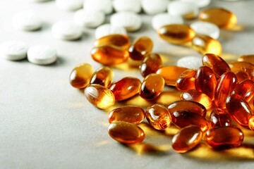 Omega 3 (fish oil). Organic supplements vitamins yellow capsules. Vitamins for health. cod liver oil