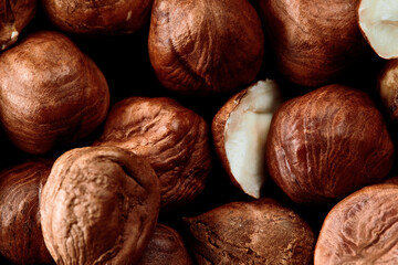 Close up of Hazelnut kernels - Food Frame Background, macro detailed close up.
