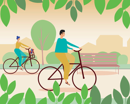 Couple of cyclists in the park as rides a bike concept, Flat vector stock illustration of cycling in the park