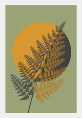 Contemporary art poster in pastel colors with fern branch. Herbal, plants elements and strokes, leaves. Design for social media, postcards, print, cover. Wall decoration. Art  decor. Background.