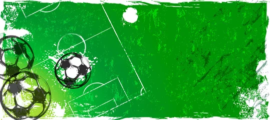 Gordijnen abstact background with soccer ball, football, field, paint strokes and splashes, grungy frame, free copy space © Kirsten Hinte