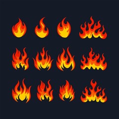 Cartoon fire flame collection vector. Red fire, fire element, campfire, heat wildfire, flame icon vector illustration set.