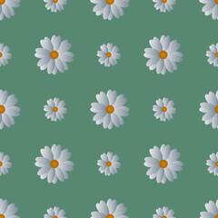 Camomiles. Delicate white flowers. Repeating vector pattern. Isolated green background. Snow-white daisies. Seamless summer ornament. Delicate floral background. Flat style. Flowering plant.