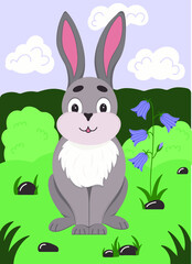 cute rabbit and bluebell on grass flat illustration 